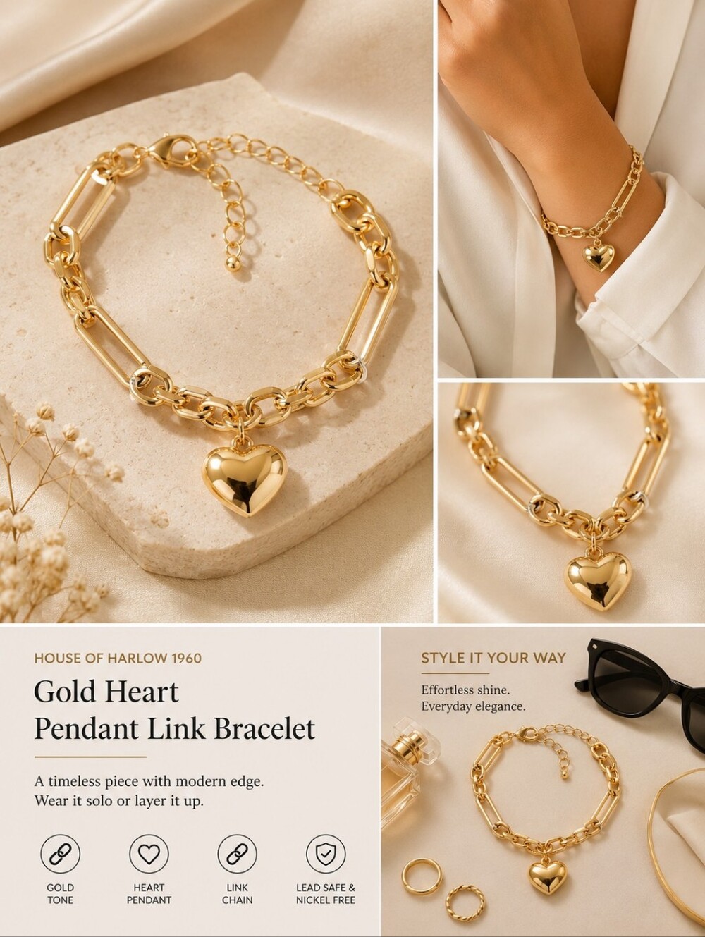 House of Harlow 1960 Gold Heart Pendant Link Bracelet